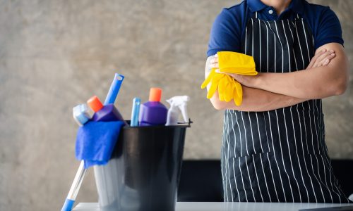 The person cleaning the room, the cleaning staff of the cleaning company. Cleaning staff. Concept of cleanliness in the organization.